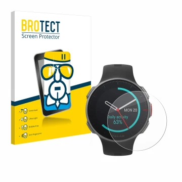 Parte frontal de un envase de producto con el logotipo de la marca BROTECT. Al lado se muestra el dispositivo Polar Vantage V 