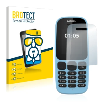 Parte frontal de un envase de producto con el logotipo de la marca BROTECT. Al lado se muestra el dispositivo Nokia 105 2019 c