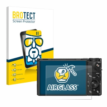 Parte frontal de un envase de producto con el logotipo de la marca BROTECT. Al lado se muestra el dispositivo Sony Cyber-Shot 