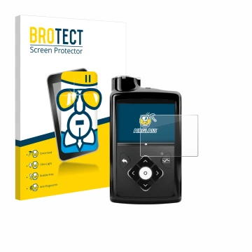 Parte frontal de un envase de producto con el logotipo de la marca BROTECT. Al lado se muestra el dispositivo Medtronic Minime