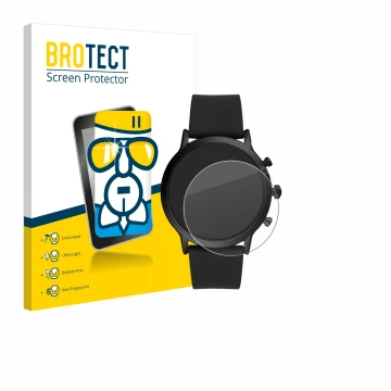 Parte frontal de un envase de producto con el logotipo de la marca BROTECT. Al lado se muestra el dispositivo Fossil The Carly