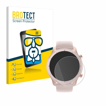 Parte frontal de un envase de producto con el logotipo de la marca BROTECT. Al lado se muestra el dispositivo Huami Amazfit GT