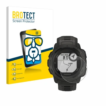Parte frontal de un envase de producto con el logotipo de la marca BROTECT. Al lado se muestra el dispositivo Garmin Instinct 