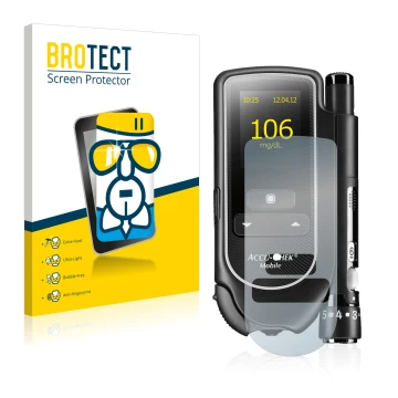 Parte frontal de un envase de producto con el logotipo de la marca BROTECT. Al lado se muestra el dispositivo Accu-Chek Mobile