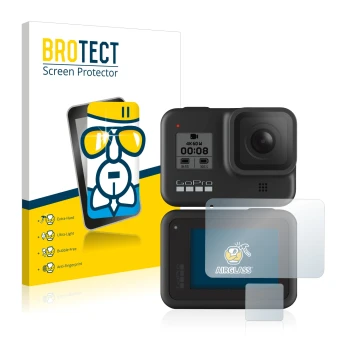 Parte frontal de un envase de producto con el logotipo de la marca BROTECT. Al lado se muestra el dispositivo GoPro Hero 8 Bla