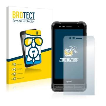 Parte frontal de un envase de producto con el logotipo de la marca BROTECT. Al lado se muestra el dispositivo Cyrus CS22 XA co