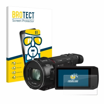 Parte frontal de un envase de producto con el logotipo de la marca BROTECT. Al lado se muestra el dispositivo Panasonic HC-VXF