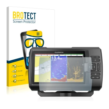 Parte frontal de un envase de producto con el logotipo de la marca BROTECT. Al lado se muestra el dispositivo Garmin Striker P