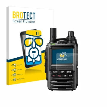 Parte frontal de un envase de producto con el logotipo de la marca BROTECT. Al lado se muestra el dispositivo Yaesu FT-3D con 