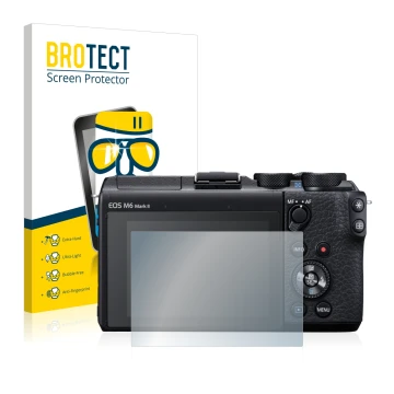 Parte frontal de un envase de producto con el logotipo de la marca BROTECT. Al lado se muestra el dispositivo Canon EOS M6 Mar
