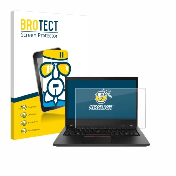 Parte frontal de un envase de producto con el logotipo de la marca BROTECT. Al lado se muestra el dispositivo Lenovo ThinkPad 