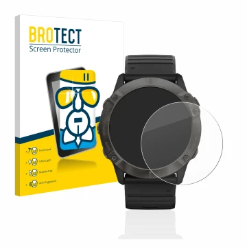 Parte frontal de un envase de producto con el logotipo de la marca BROTECT. Al lado se muestra el dispositivo Garmin Fenix 6X 