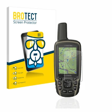Parte frontal de un envase de producto con el logotipo de la marca BROTECT. Al lado se muestra el dispositivo Garmin GPSMAP 64
