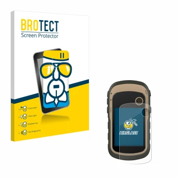 Parte frontal de un envase de producto con el logotipo de la marca BROTECT. Al lado se muestra el dispositivo Garmin eTrex 32x