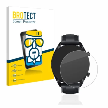 Parte frontal de un envase de producto con el logotipo de la marca BROTECT. Al lado se muestra el dispositivo Huawei Watch GT 