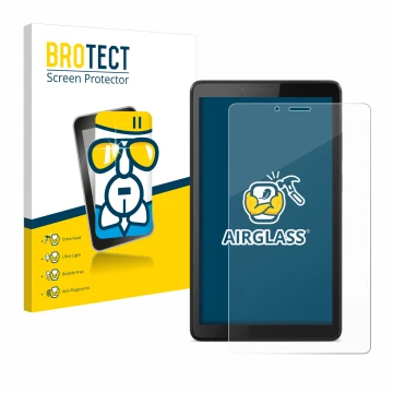 Parte frontal de un envase de producto con el logotipo de la marca BROTECT. Al lado se muestra el dispositivo Lenovo Tab M7 co