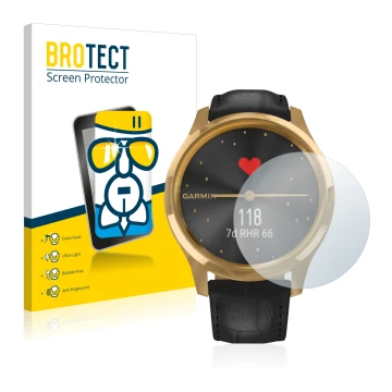 Parte frontal de un envase de producto con el logotipo de la marca BROTECT. Al lado se muestra el dispositivo Garmin vivomove 