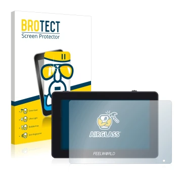 Parte frontal de un envase de producto con el logotipo de la marca BROTECT. Al lado se muestra el dispositivo Feelworld F6 Plu