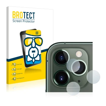 Parte frontal de un envase de producto con el logotipo de la marca BROTECT. Al lado se muestra el dispositivo Apple iPhone 11 