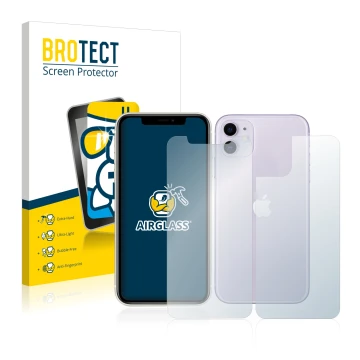 Parte frontal de un envase de producto con el logotipo de la marca BROTECT. Al lado se muestra el dispositivo Apple iPhone 11 