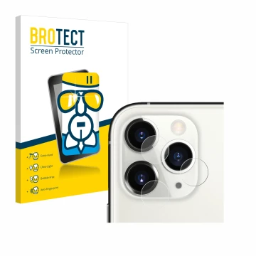 Parte frontal de un envase de producto con el logotipo de la marca BROTECT. Al lado se muestra el dispositivo Apple iPhone 11 