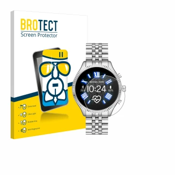 Parte frontal de un envase de producto con el logotipo de la marca BROTECT. Al lado se muestra el dispositivo Michael Kors Acc