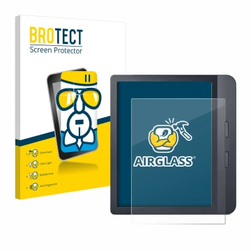 Parte frontal de un envase de producto con el logotipo de la marca BROTECT. Al lado se muestra el dispositivo Kobo Libra H2O c