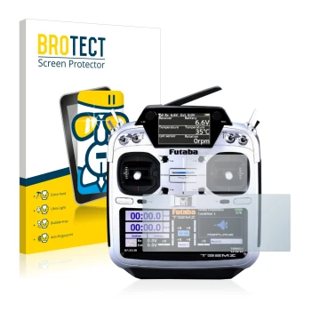 Parte frontal de un envase de producto con el logotipo de la marca BROTECT. Al lado se muestra el dispositivo Robbe Futaba T32