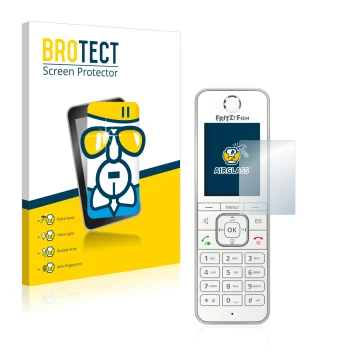 Parte frontal de un envase de producto con el logotipo de la marca BROTECT. Al lado se muestra el dispositivo AVM Fritz!Fon C6