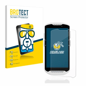 Parte frontal de un envase de producto con el logotipo de la marca BROTECT. Al lado se muestra el dispositivo Zebra TC57 con s