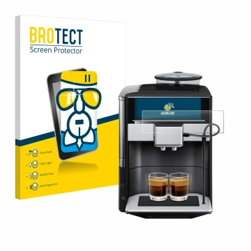 Parte frontal de un envase de producto con el logotipo de la marca BROTECT. Al lado se muestra el dispositivo Siemens EQ.6 plu