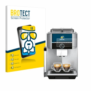 Parte frontal de un envase de producto con el logotipo de la marca BROTECT. Al lado se muestra el dispositivo Siemens EQ.9 plu