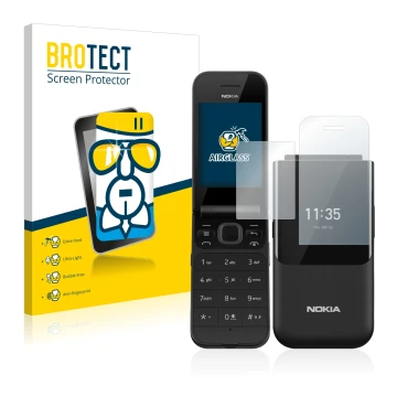 Parte frontal de un envase de producto con el logotipo de la marca BROTECT. Al lado se muestra el dispositivo Nokia 2720 Flip 