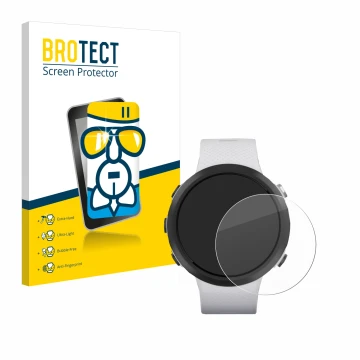 Parte frontal de un envase de producto con el logotipo de la marca BROTECT. Al lado se muestra el dispositivo Garmin Swim 2 co