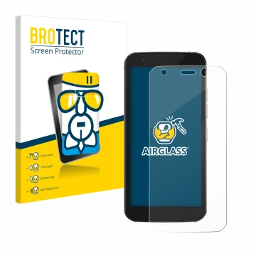 Parte frontal de un envase de producto con el logotipo de la marca BROTECT. Al lado se muestra el dispositivo Caterpillar Cat 