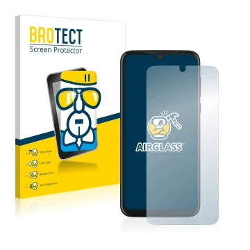 Parte frontal de un envase de producto con el logotipo de la marca BROTECT. Al lado se muestra el dispositivo Motorola Moto G8