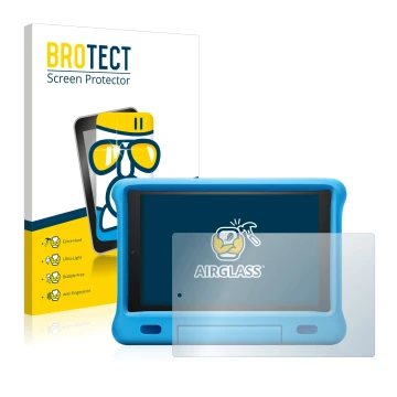 Parte frontal de un envase de producto con el logotipo de la marca BROTECT. Al lado se muestra el dispositivo Amazon Fire HD 1