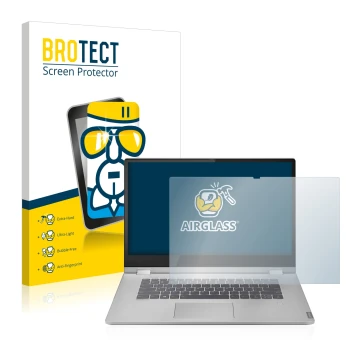 Parte frontal de un envase de producto con el logotipo de la marca BROTECT. Al lado se muestra el dispositivo Lenovo IdeaPad C