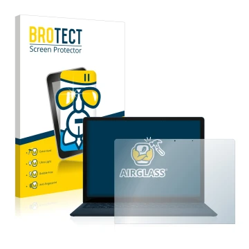 Parte frontal de un envase de producto con el logotipo de la marca BROTECT. Al lado se muestra el dispositivo Microsoft Surfac