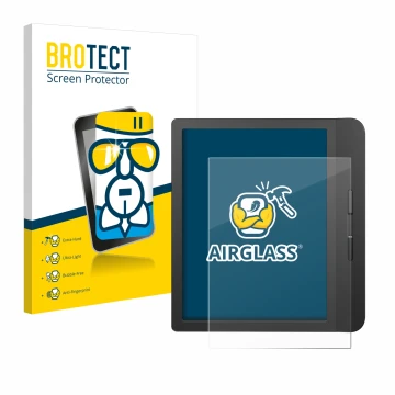 Parte frontal de un envase de producto con el logotipo de la marca BROTECT. Al lado se muestra el dispositivo Tolino Vision 5 