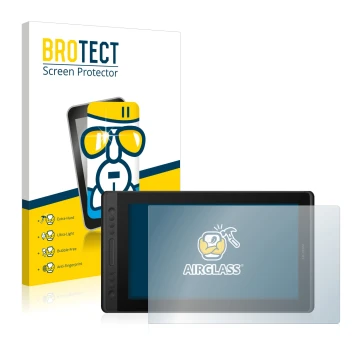 Parte frontal de un envase de producto con el logotipo de la marca BROTECT. Al lado se muestra el dispositivo Huion Kamvas Pro