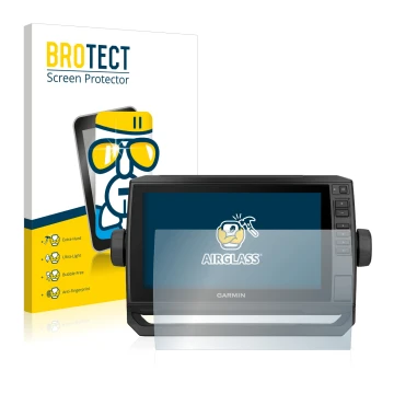 Parte frontal de un envase de producto con el logotipo de la marca BROTECT. Al lado se muestra el dispositivo Garmin ECHOMAP U
