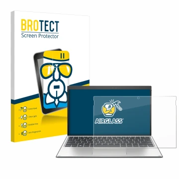 Parte frontal de un envase de producto con el logotipo de la marca BROTECT. Al lado se muestra el dispositivo HP Elite x2 G4 c