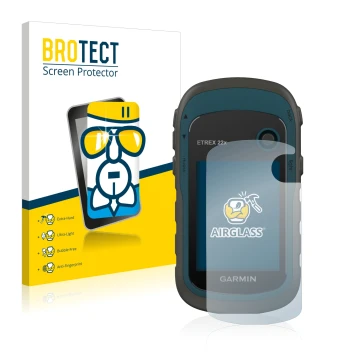 Parte frontal de un envase de producto con el logotipo de la marca BROTECT. Al lado se muestra el dispositivo Garmin eTrex 22x