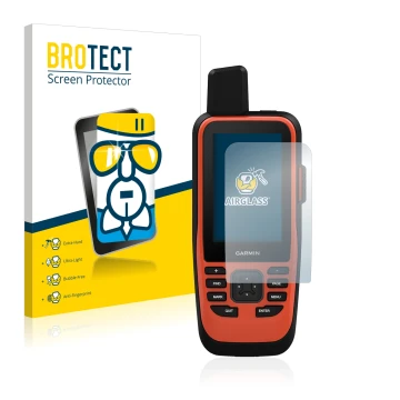Parte frontal de un envase de producto con el logotipo de la marca BROTECT. Al lado se muestra el dispositivo Garmin GPSMAP 86