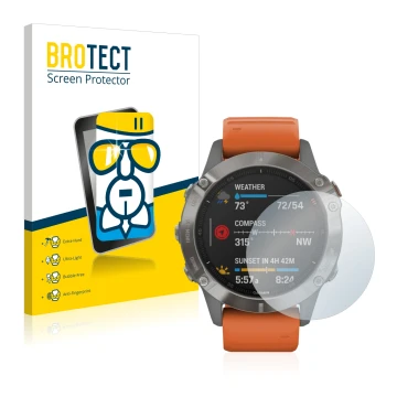 Parte frontal de un envase de producto con el logotipo de la marca BROTECT. Al lado se muestra el dispositivo Garmin Fenix 6 c