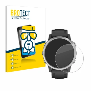 Parte frontal de un envase de producto con el logotipo de la marca BROTECT. Al lado se muestra el dispositivo Garmin Fenix 6S 