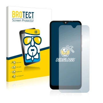 Parte frontal de un envase de producto con el logotipo de la marca BROTECT. Al lado se muestra el dispositivo Gigaset GS110 co