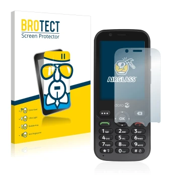 Parte frontal de un envase de producto con el logotipo de la marca BROTECT. Al lado se muestra el dispositivo Doro 7010 con su