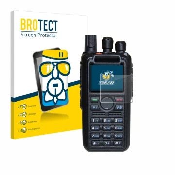 Parte frontal de un envase de producto con el logotipo de la marca BROTECT. Al lado se muestra el dispositivo AnyTone AT-D878U